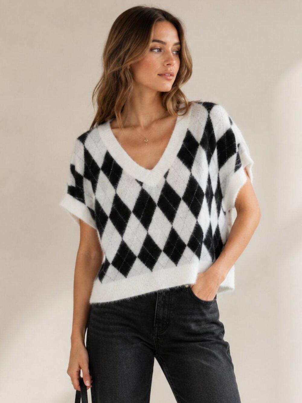 Free People Through the Motions Argyle Fuzzy Sweater Vest Ivory Black XS